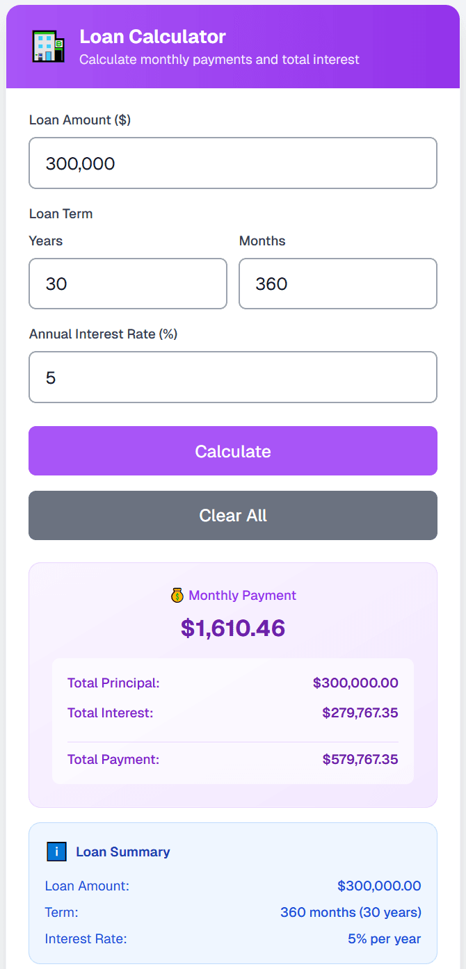 Clean screenshot of the loan calculator showing completed calculation with results