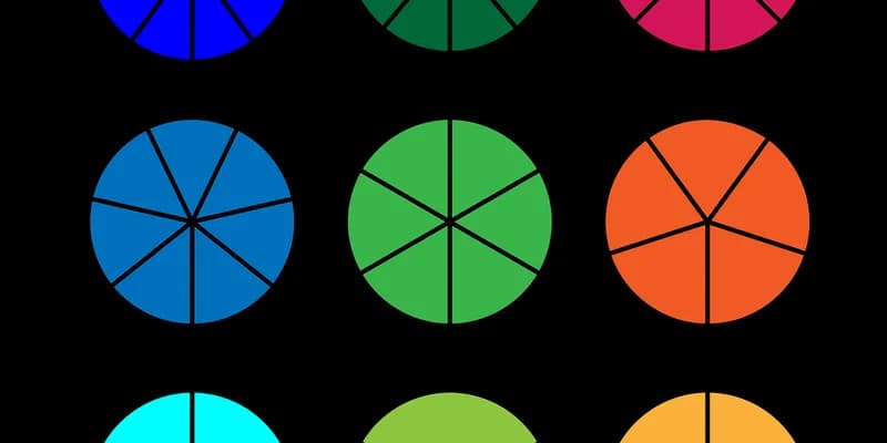 Visual demonstration of fractions using pizza slices, pie charts, and geometric shapes